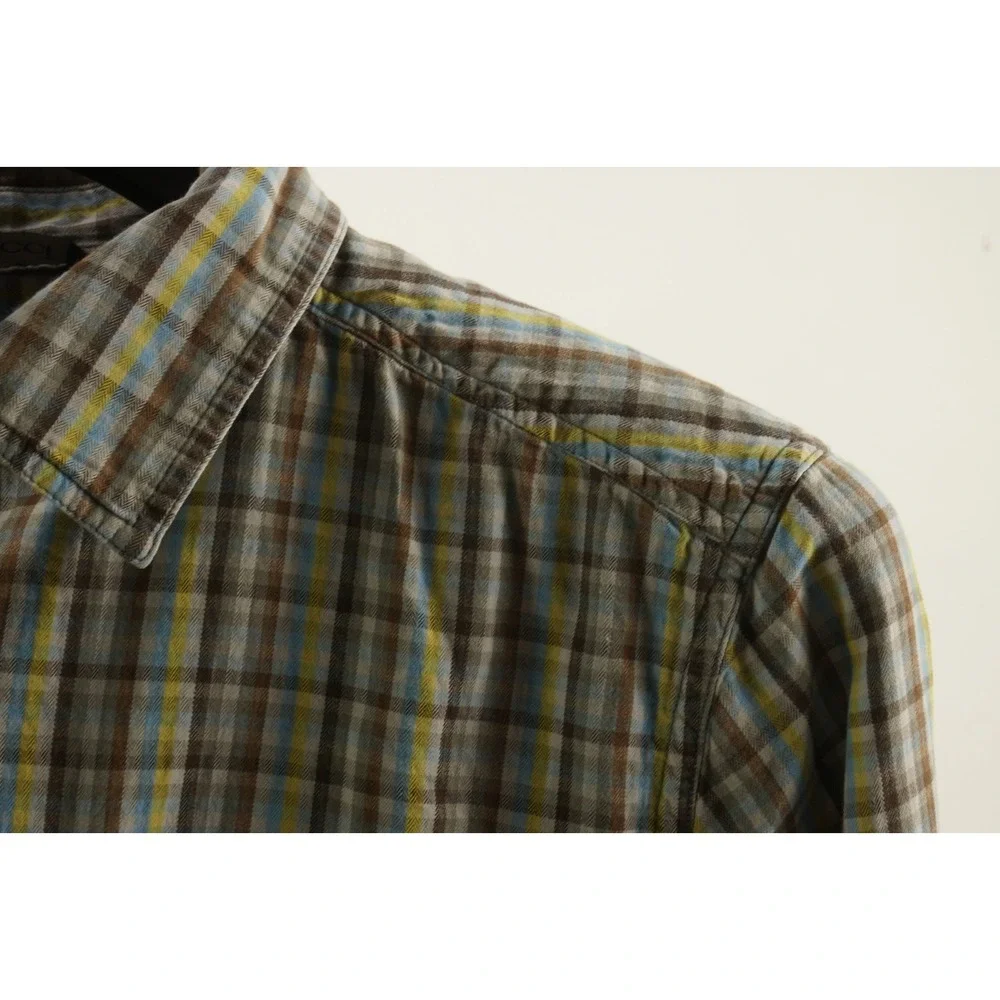 Gramicci Men's Medium Roll Tab Sleeve Yellow Blue Brown Cotton Utility‎ Shirt